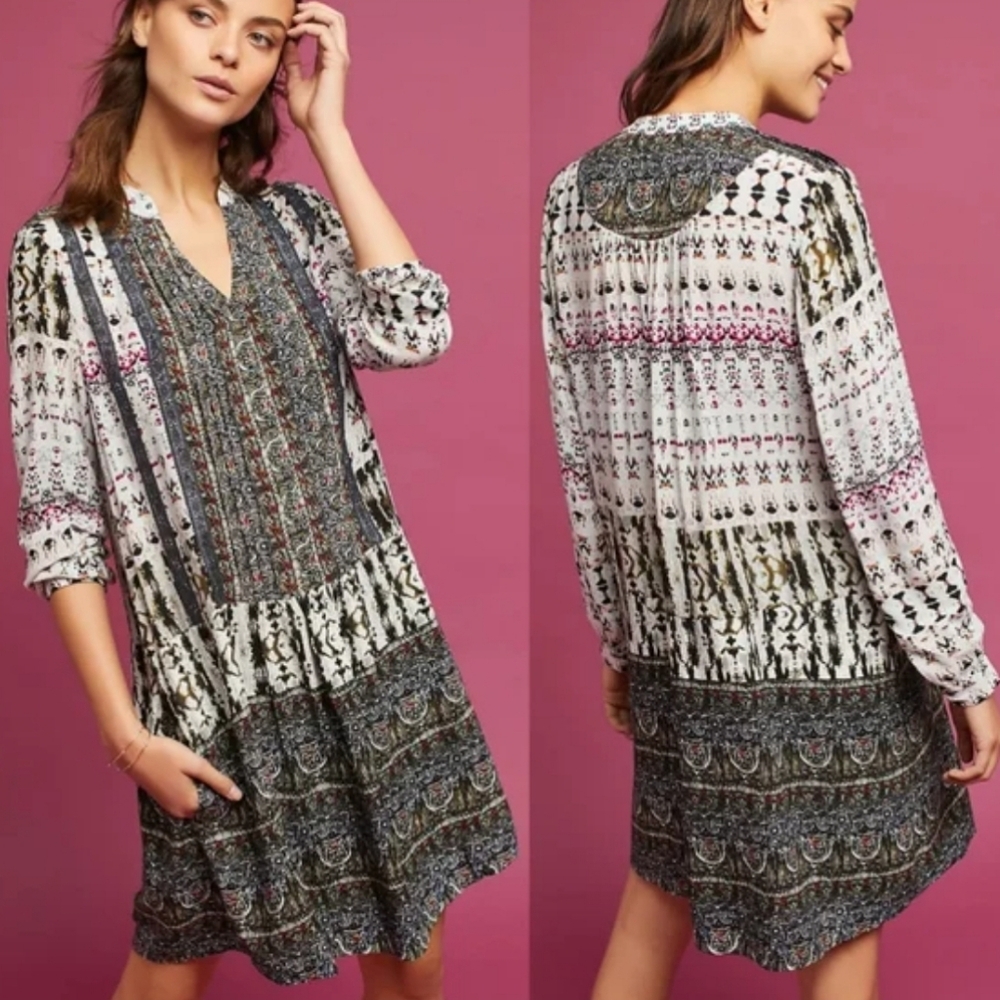 Anthropologie TINY Caviana Shirt Green Drop Waist Dress‎ Mixed Print Size MP